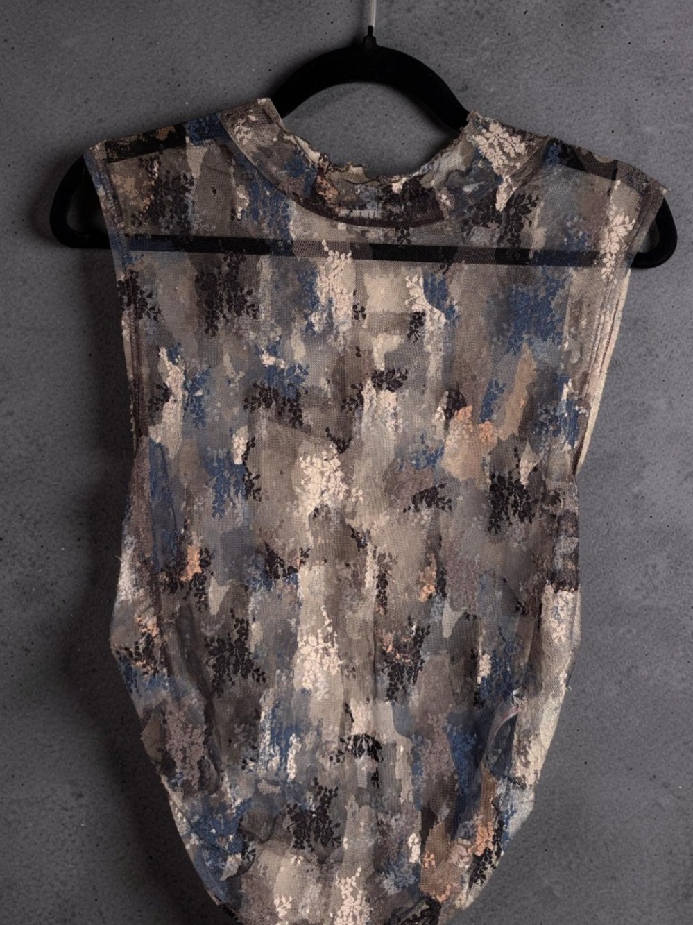 Free People Sheer Abstract Print Tank in Blue, Gray, Ivory. Side Ruching & slits